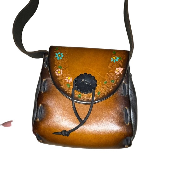 Vintage Hand Tooled Hand Painted Leather Purse Brown Grey Pink Floral BoHo 70’s - Picture 6 of 8